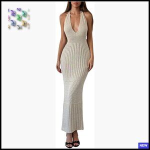 Crochet Knit Halter Dress Backless Bodycon Long Elegant Party Wear